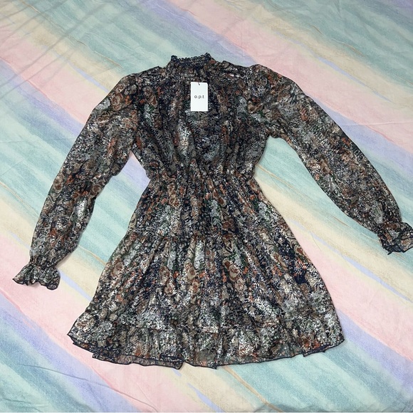 O.P.T Floral Metallic Smock Neck Fit&Flare Long Sleeve Mini Dress Navy Boho XS - Picture 3 of 9